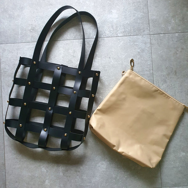 Leather Square Caged Tote (BLACK)