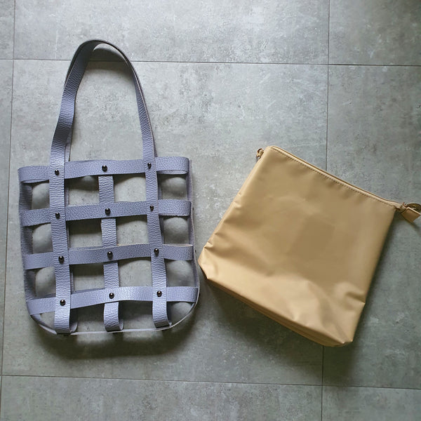 Leather Square Caged Tote (GRAY)