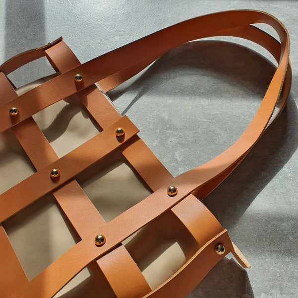 Leather Square Caged Tote (CAMEL)