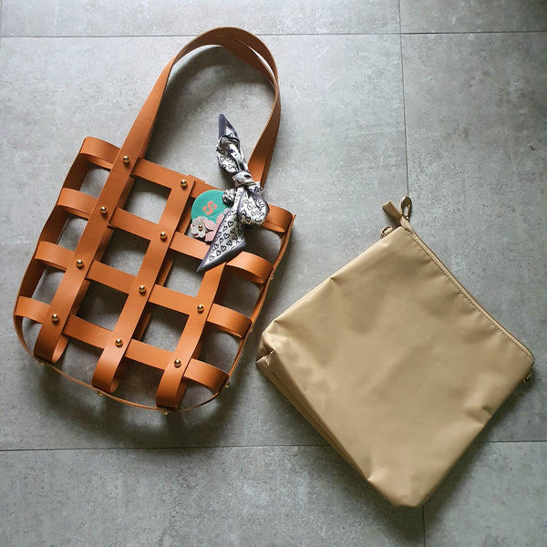 Leather Square Caged Tote (CAMEL)