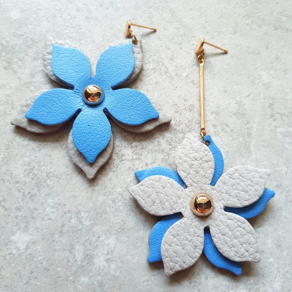 Floral Drop Asymmetrical Earrings (BLUE/GRAY)