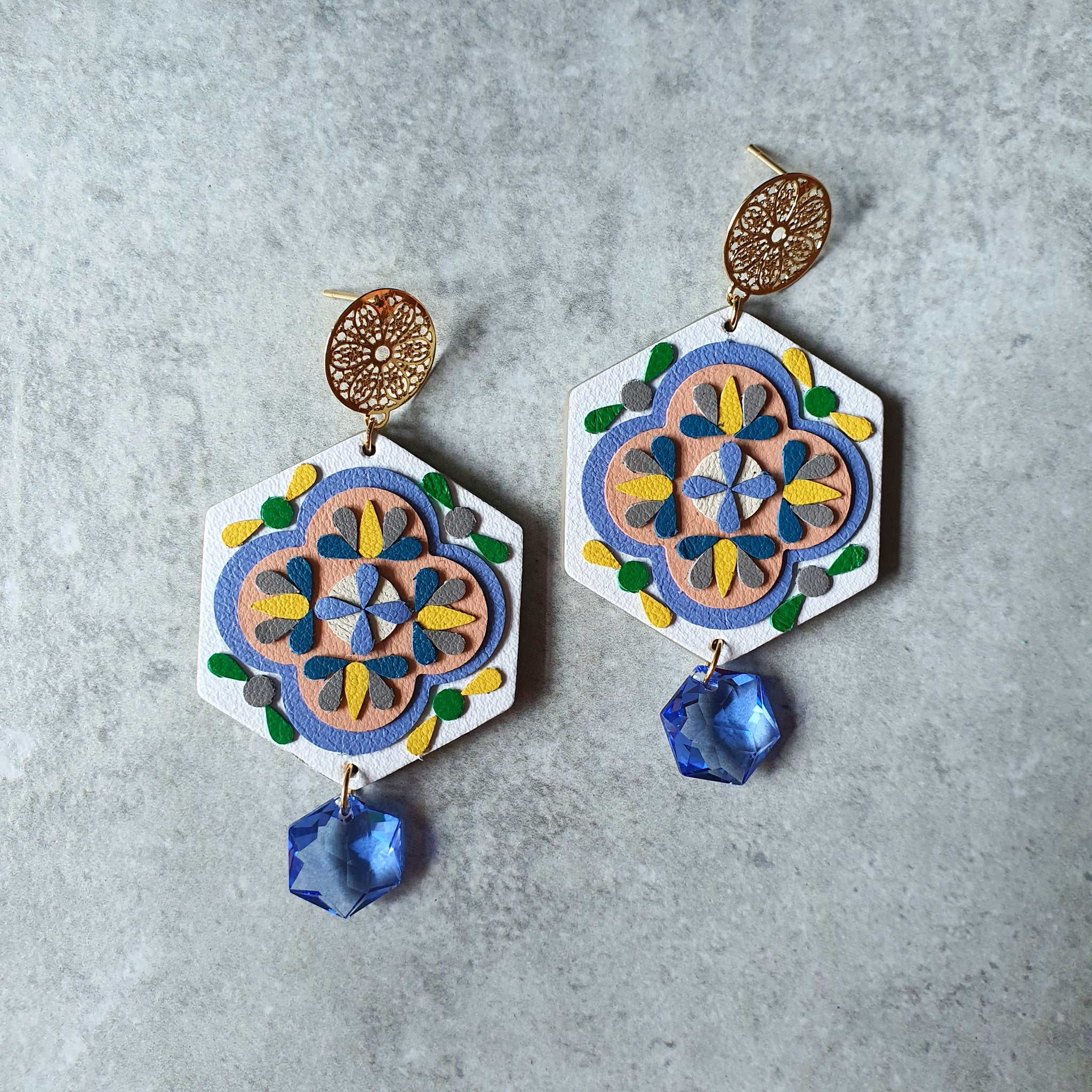 Peranakan Tile Earrings with Swarovski Drop (WHITE)
