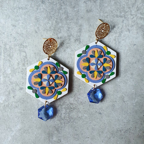 Peranakan Tile Earrings with Swarovski Drop (WHITE)